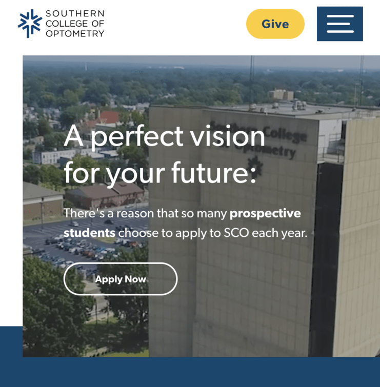 An image of the homepage of the Southern College of Optometry